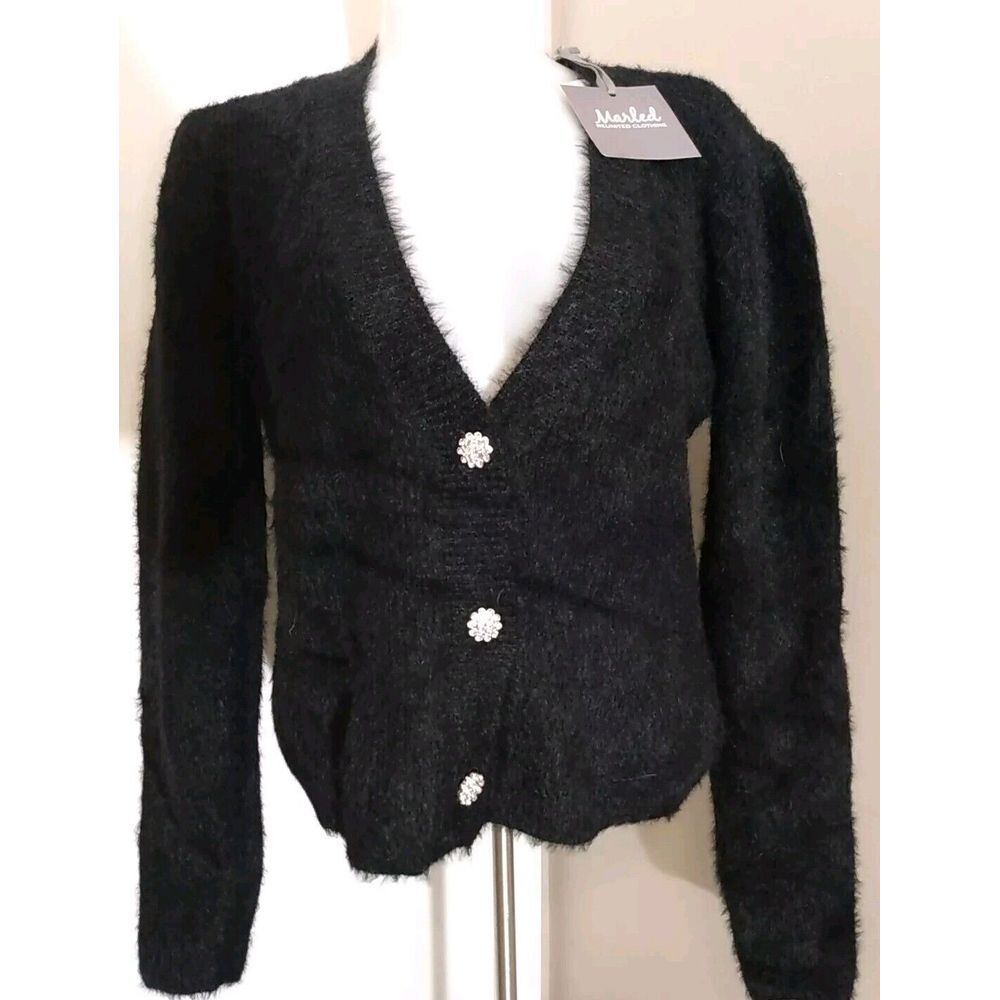 marled‎ reunited Black Eyelash Knit Diamond Fashion Button sweater Size Small